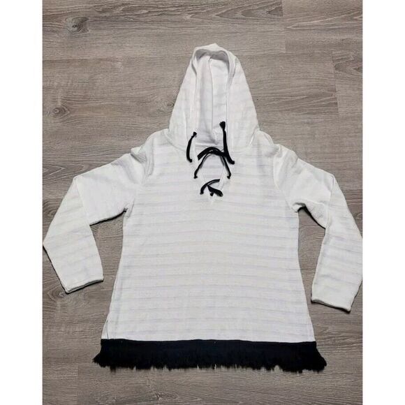 Crown & Ivy Women's Petite White Striped Hoodie With Fringe Hem Size Pm